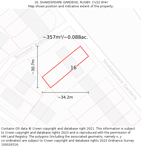 16, SHAKESPEARE GARDENS, RUGBY, CV22 6HH: Plot and title map