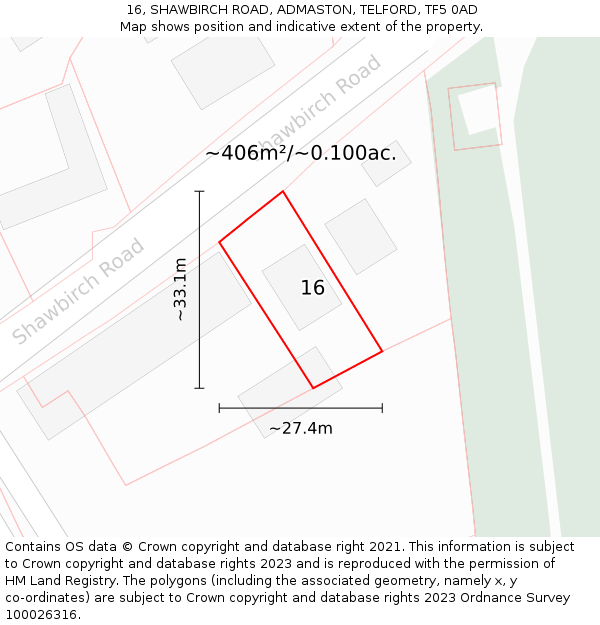 16, SHAWBIRCH ROAD, ADMASTON, TELFORD, TF5 0AD: Plot and title map