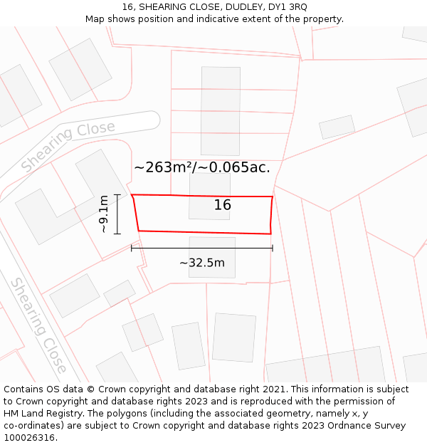 16, SHEARING CLOSE, DUDLEY, DY1 3RQ: Plot and title map