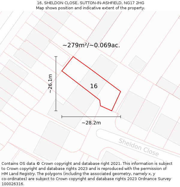 16, SHELDON CLOSE, SUTTON-IN-ASHFIELD, NG17 2HG: Plot and title map