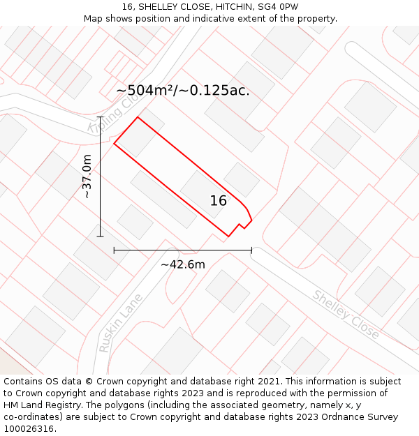 16, SHELLEY CLOSE, HITCHIN, SG4 0PW: Plot and title map
