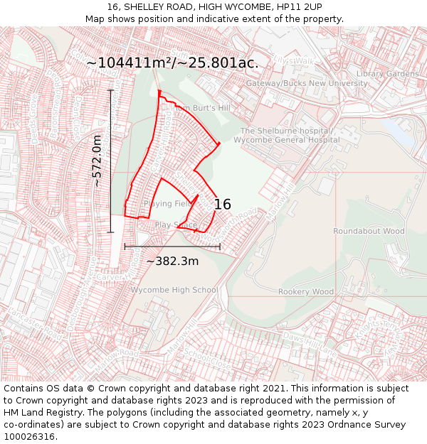 16, SHELLEY ROAD, HIGH WYCOMBE, HP11 2UP: Plot and title map