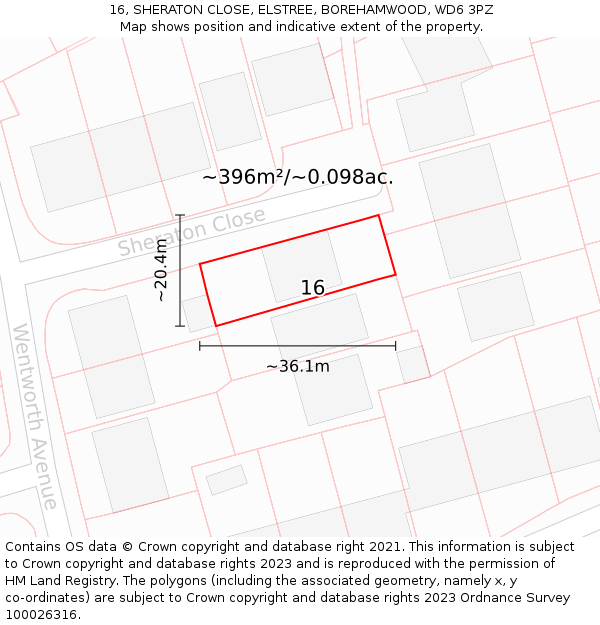 16, SHERATON CLOSE, ELSTREE, BOREHAMWOOD, WD6 3PZ: Plot and title map