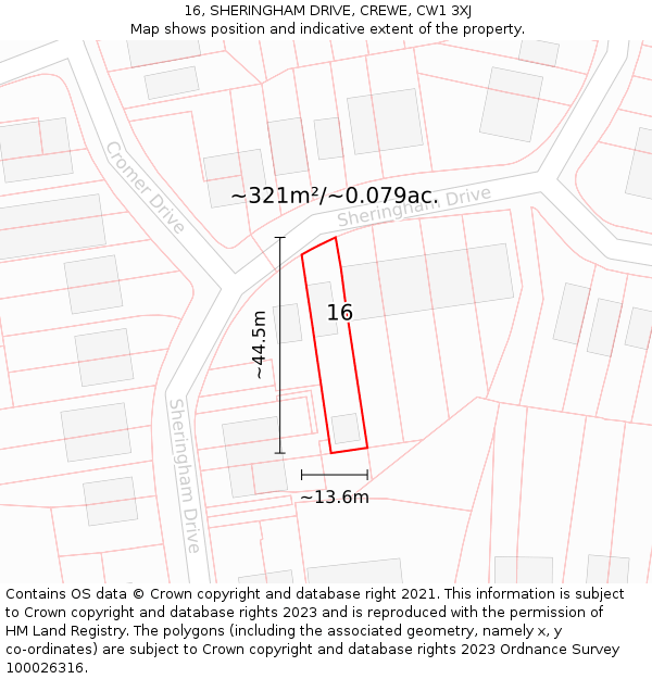 16, SHERINGHAM DRIVE, CREWE, CW1 3XJ: Plot and title map