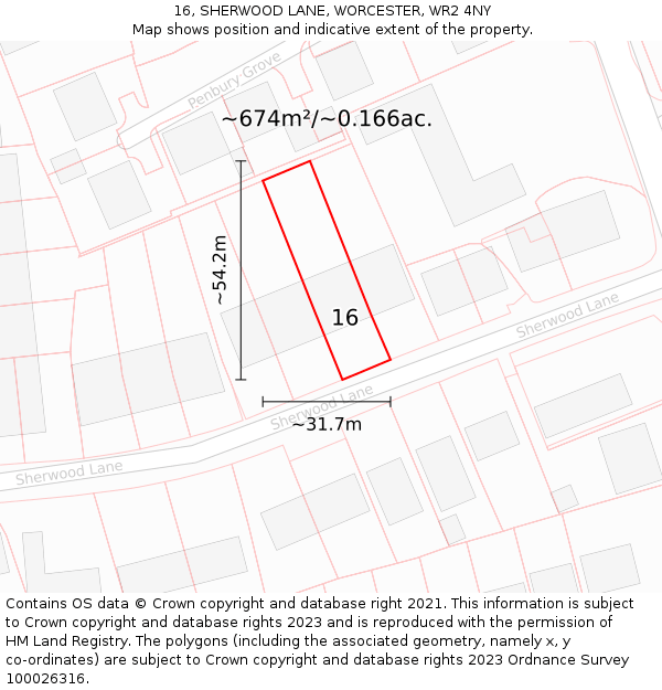 16, SHERWOOD LANE, WORCESTER, WR2 4NY: Plot and title map