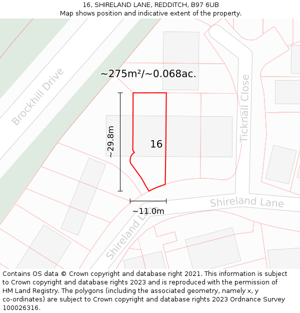 16, SHIRELAND LANE, REDDITCH, B97 6UB: Plot and title map