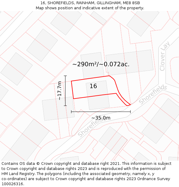 16, SHOREFIELDS, RAINHAM, GILLINGHAM, ME8 8SB: Plot and title map