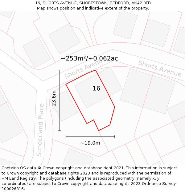 16, SHORTS AVENUE, SHORTSTOWN, BEDFORD, MK42 0FB: Plot and title map