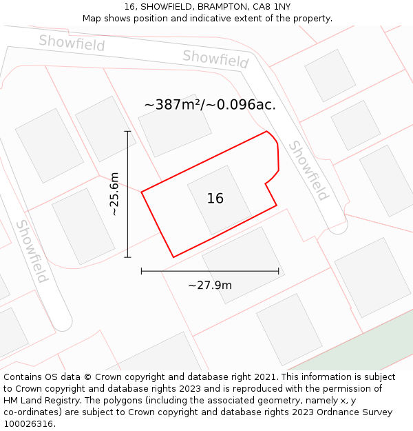 16, SHOWFIELD, BRAMPTON, CA8 1NY: Plot and title map