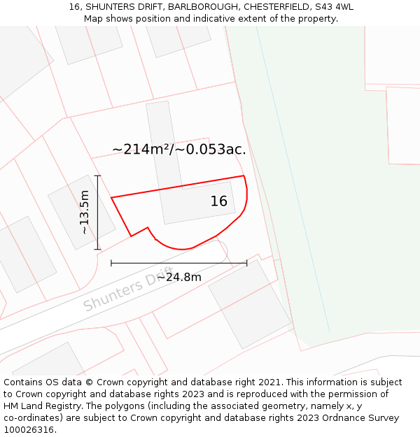 16, SHUNTERS DRIFT, BARLBOROUGH, CHESTERFIELD, S43 4WL: Plot and title map