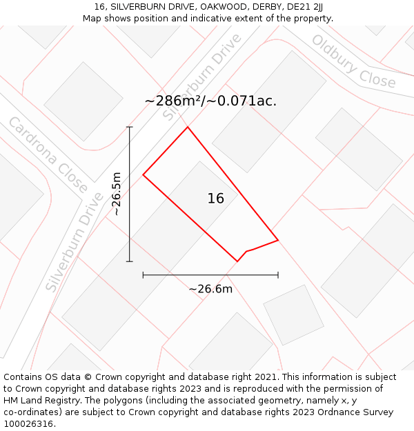 16, SILVERBURN DRIVE, OAKWOOD, DERBY, DE21 2JJ: Plot and title map