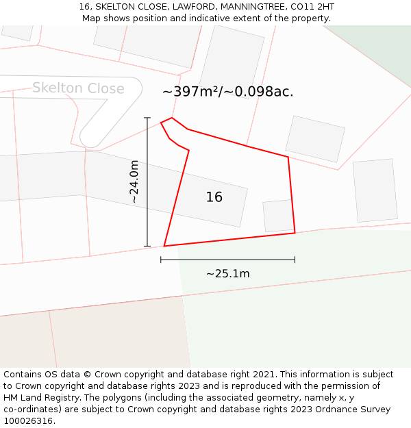 16, SKELTON CLOSE, LAWFORD, MANNINGTREE, CO11 2HT: Plot and title map