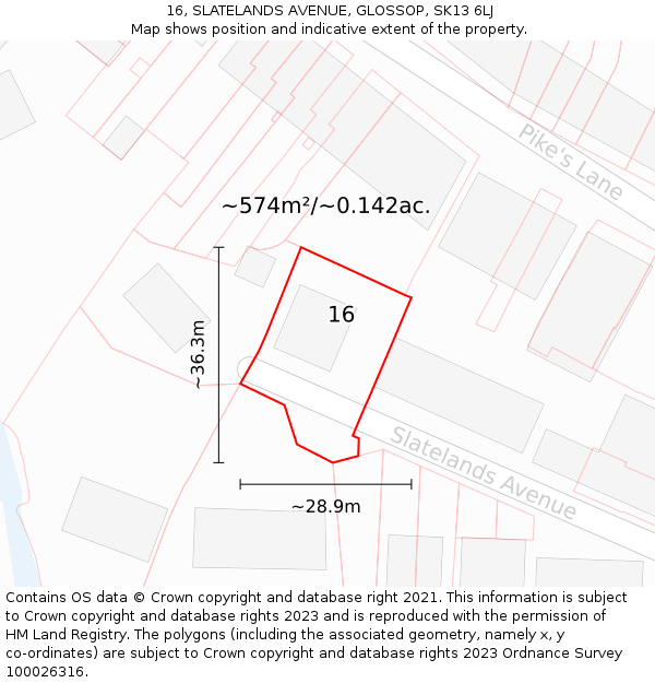 16, SLATELANDS AVENUE, GLOSSOP, SK13 6LJ: Plot and title map