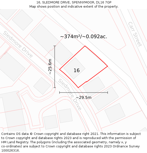 16, SLEDMORE DRIVE, SPENNYMOOR, DL16 7GP: Plot and title map