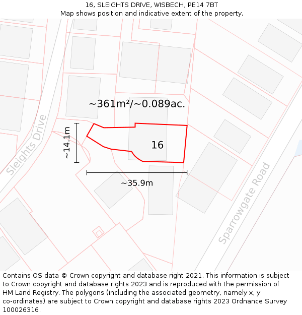 16, SLEIGHTS DRIVE, WISBECH, PE14 7BT: Plot and title map