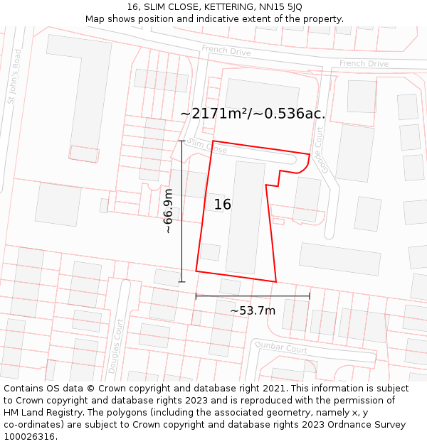 16, SLIM CLOSE, KETTERING, NN15 5JQ: Plot and title map