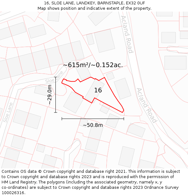 16, SLOE LANE, LANDKEY, BARNSTAPLE, EX32 0UF: Plot and title map