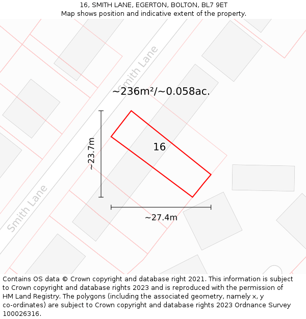 16, SMITH LANE, EGERTON, BOLTON, BL7 9ET: Plot and title map