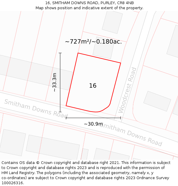 16, SMITHAM DOWNS ROAD, PURLEY, CR8 4NB: Plot and title map