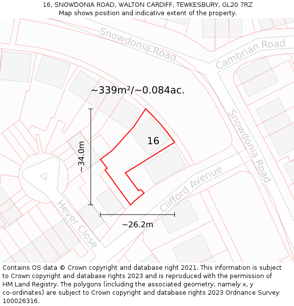 16, SNOWDONIA ROAD, WALTON CARDIFF, TEWKESBURY, GL20 7RZ: Plot and title map