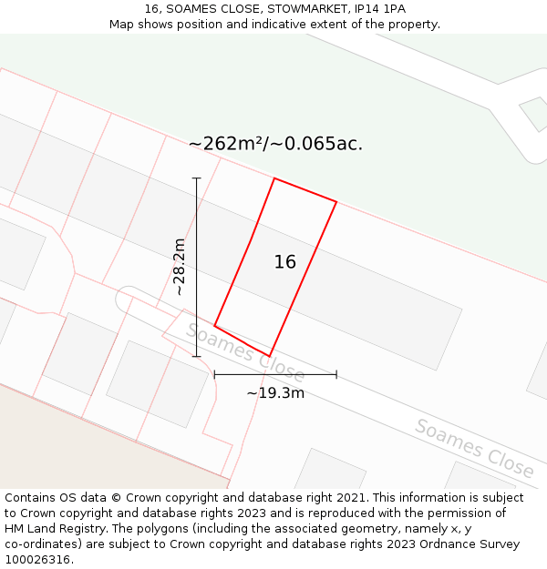 16, SOAMES CLOSE, STOWMARKET, IP14 1PA: Plot and title map