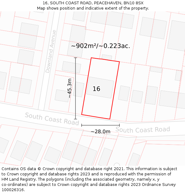 16, SOUTH COAST ROAD, PEACEHAVEN, BN10 8SX: Plot and title map