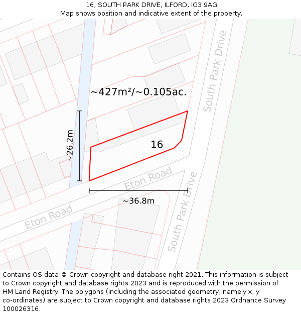 16, SOUTH PARK DRIVE, ILFORD, IG3 9AG: Plot and title map