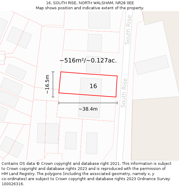 16, SOUTH RISE, NORTH WALSHAM, NR28 0EE: Plot and title map