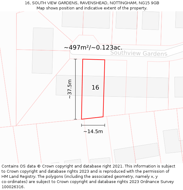16, SOUTH VIEW GARDENS, RAVENSHEAD, NOTTINGHAM, NG15 9GB: Plot and title map