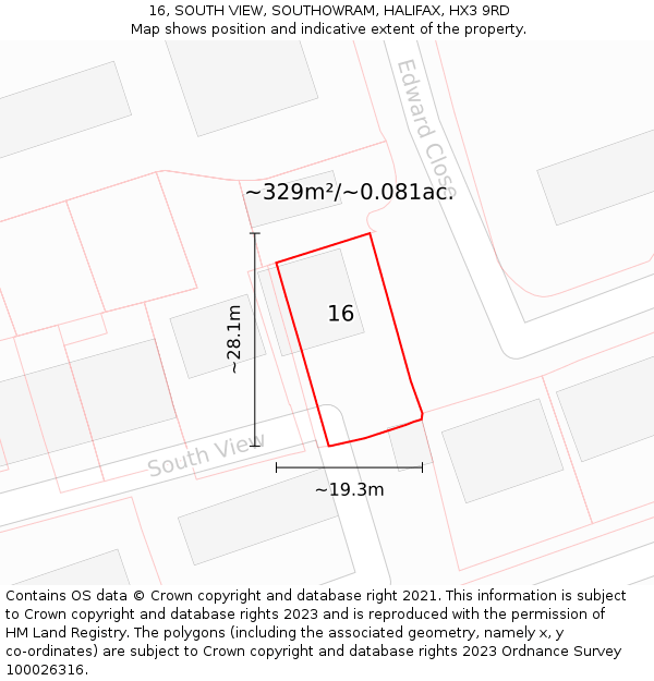 16, SOUTH VIEW, SOUTHOWRAM, HALIFAX, HX3 9RD: Plot and title map