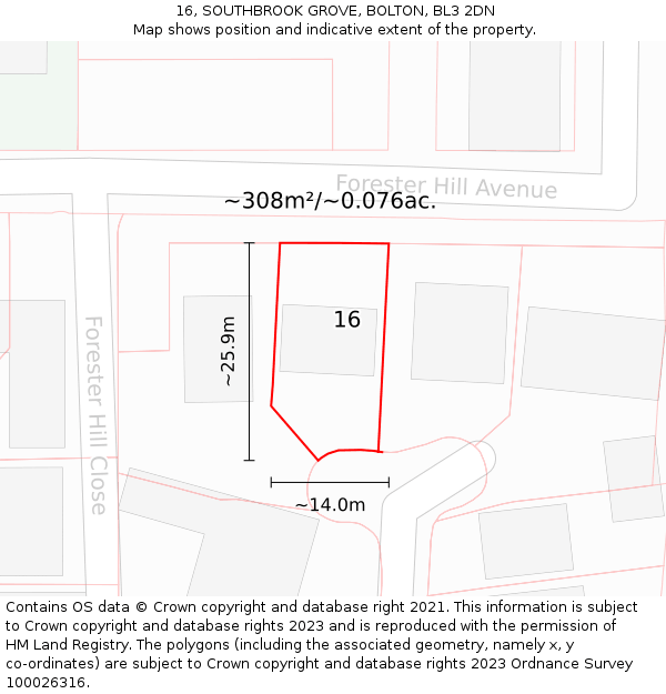 16, SOUTHBROOK GROVE, BOLTON, BL3 2DN: Plot and title map