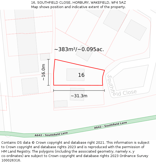 16, SOUTHFIELD CLOSE, HORBURY, WAKEFIELD, WF4 5AZ: Plot and title map