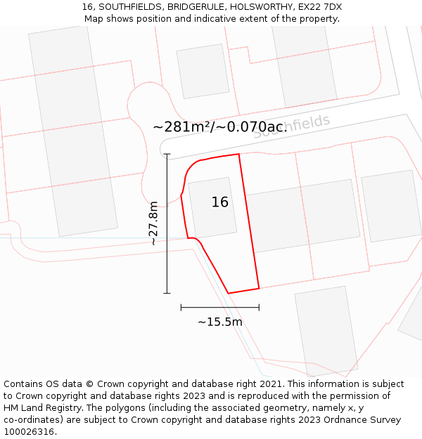 16, SOUTHFIELDS, BRIDGERULE, HOLSWORTHY, EX22 7DX: Plot and title map