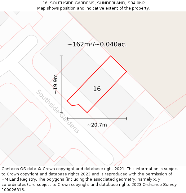 16, SOUTHSIDE GARDENS, SUNDERLAND, SR4 0NP: Plot and title map