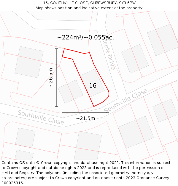 16, SOUTHVILLE CLOSE, SHREWSBURY, SY3 6BW: Plot and title map