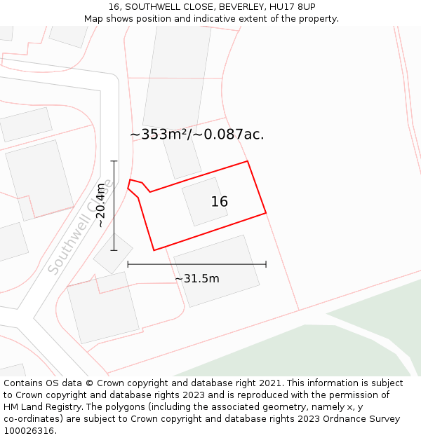 16, SOUTHWELL CLOSE, BEVERLEY, HU17 8UP: Plot and title map