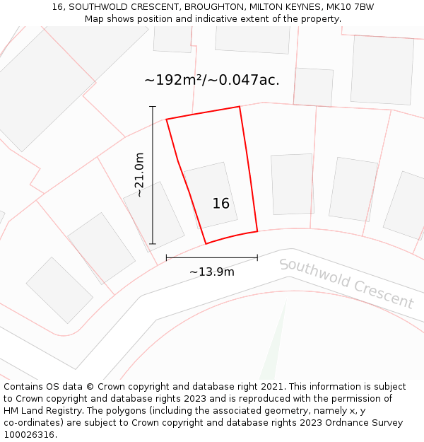 16, SOUTHWOLD CRESCENT, BROUGHTON, MILTON KEYNES, MK10 7BW: Plot and title map