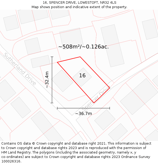 16, SPENCER DRIVE, LOWESTOFT, NR32 4LS: Plot and title map