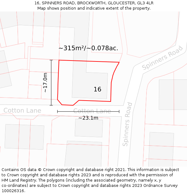 16, SPINNERS ROAD, BROCKWORTH, GLOUCESTER, GL3 4LR: Plot and title map