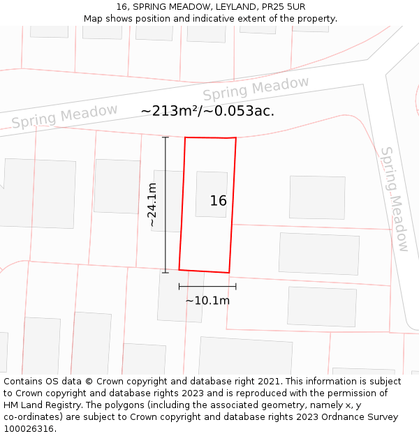 16, SPRING MEADOW, LEYLAND, PR25 5UR: Plot and title map