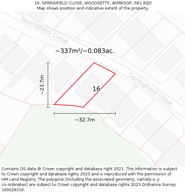 16, SPRINGFIELD CLOSE, WOODSETTS, WORKSOP, S81 8QD: Plot and title map