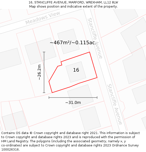 16, STANCLIFFE AVENUE, MARFORD, WREXHAM, LL12 8LW: Plot and title map