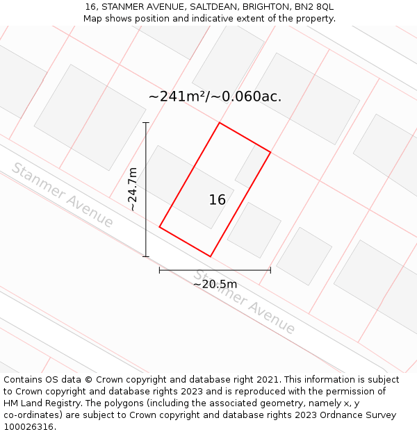 16, STANMER AVENUE, SALTDEAN, BRIGHTON, BN2 8QL: Plot and title map