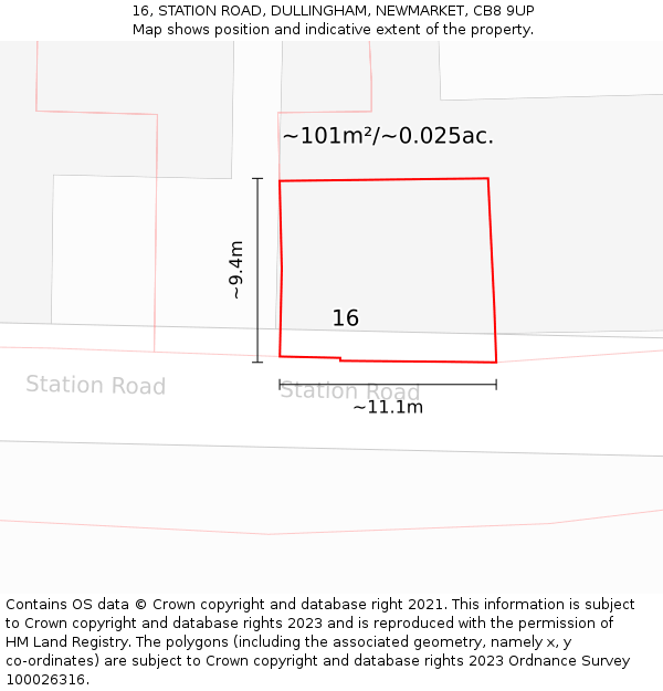 16, STATION ROAD, DULLINGHAM, NEWMARKET, CB8 9UP: Plot and title map