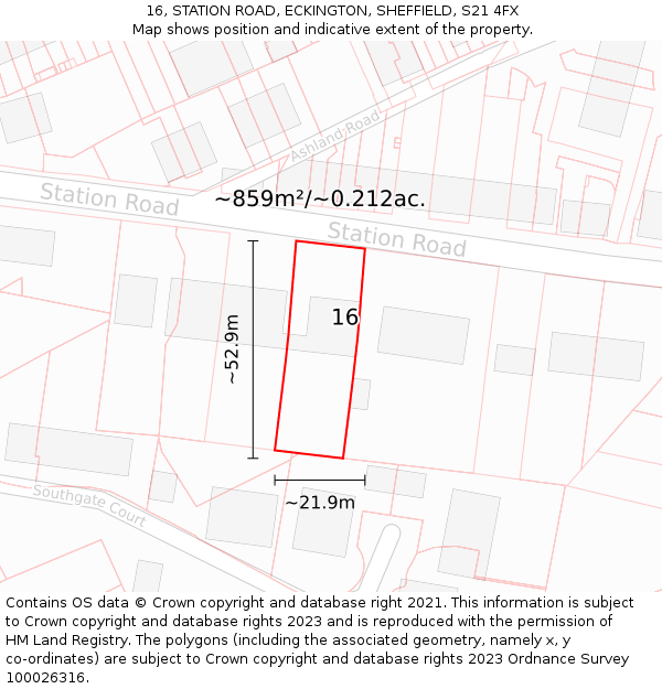 16, STATION ROAD, ECKINGTON, SHEFFIELD, S21 4FX: Plot and title map