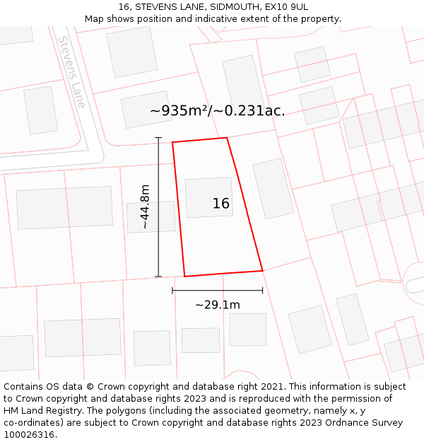 16, STEVENS LANE, SIDMOUTH, EX10 9UL: Plot and title map