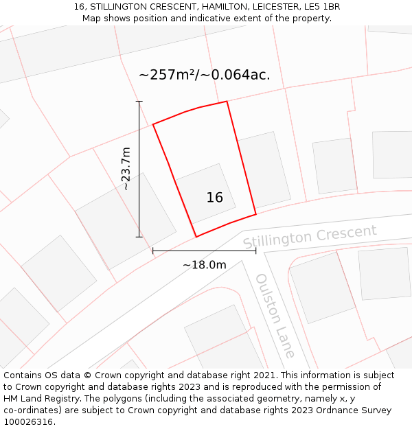 16, STILLINGTON CRESCENT, HAMILTON, LEICESTER, LE5 1BR: Plot and title map