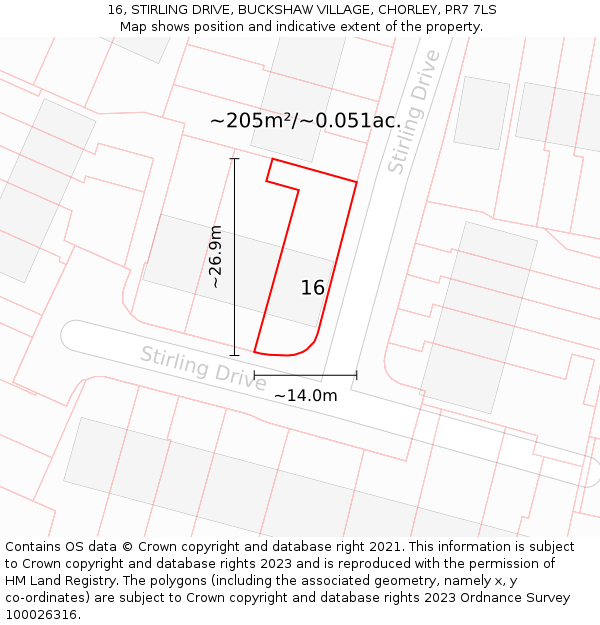 16, STIRLING DRIVE, BUCKSHAW VILLAGE, CHORLEY, PR7 7LS: Plot and title map