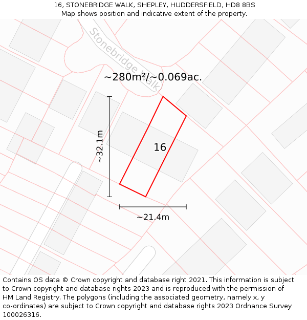 16, STONEBRIDGE WALK, SHEPLEY, HUDDERSFIELD, HD8 8BS: Plot and title map