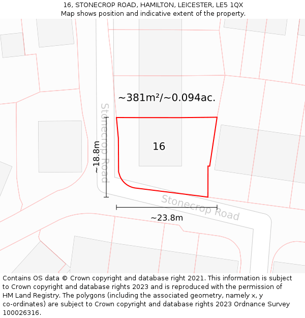 16, STONECROP ROAD, HAMILTON, LEICESTER, LE5 1QX: Plot and title map